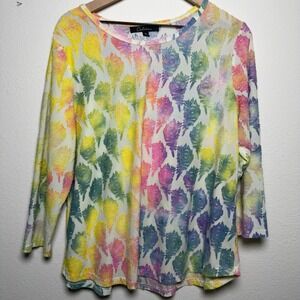 Calessa‎ Women Lagenlook Tunic Top XL Multicolor Scoop Neck 3/4 Sleeve Textured